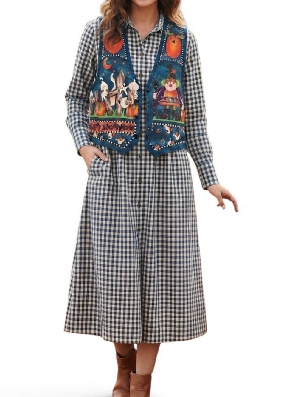 Vintage Handmade Halloween Short Coat Vest Witch Ghost Pumpkin Cat Print |Sz M L